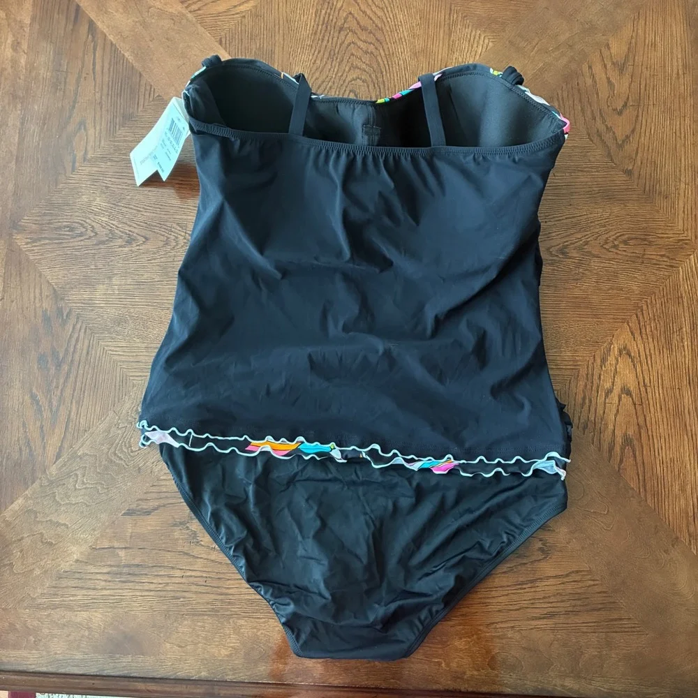Profile‎ by Gottex Tankini 22W Black Ruched Lettuce Trim Swimsuit NWT*Read*